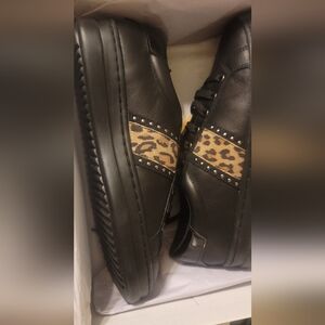 Geox D Pontoise G - Nappa Womens Lace Up Leather Black And Animal Print Sneakers